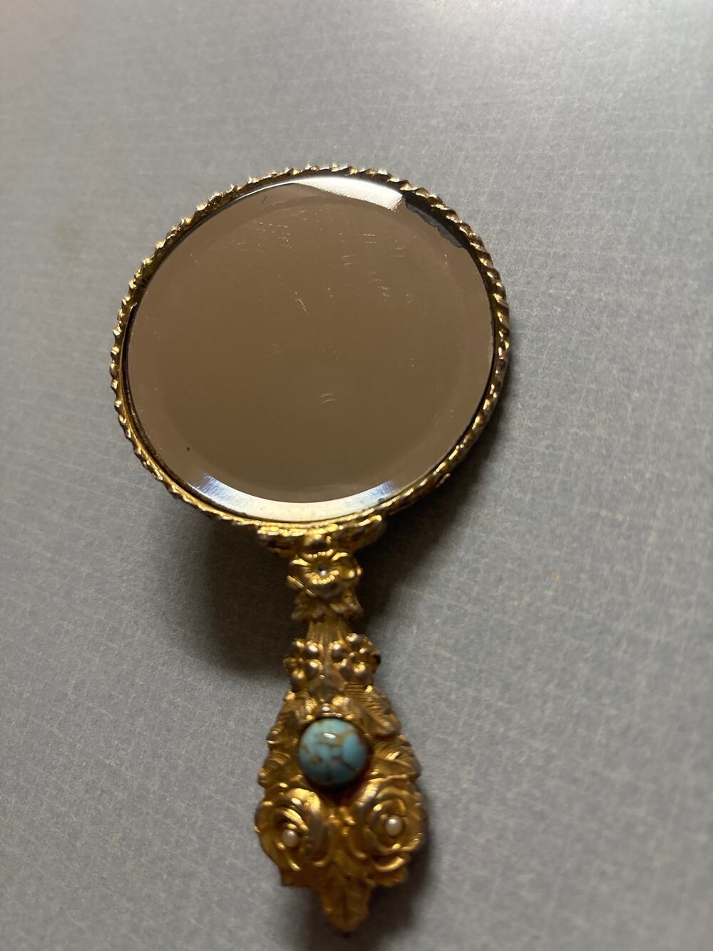 Vintage Mirella Louis XIV Style Hand Mirror Filigree Metalwork Gold Torqouise